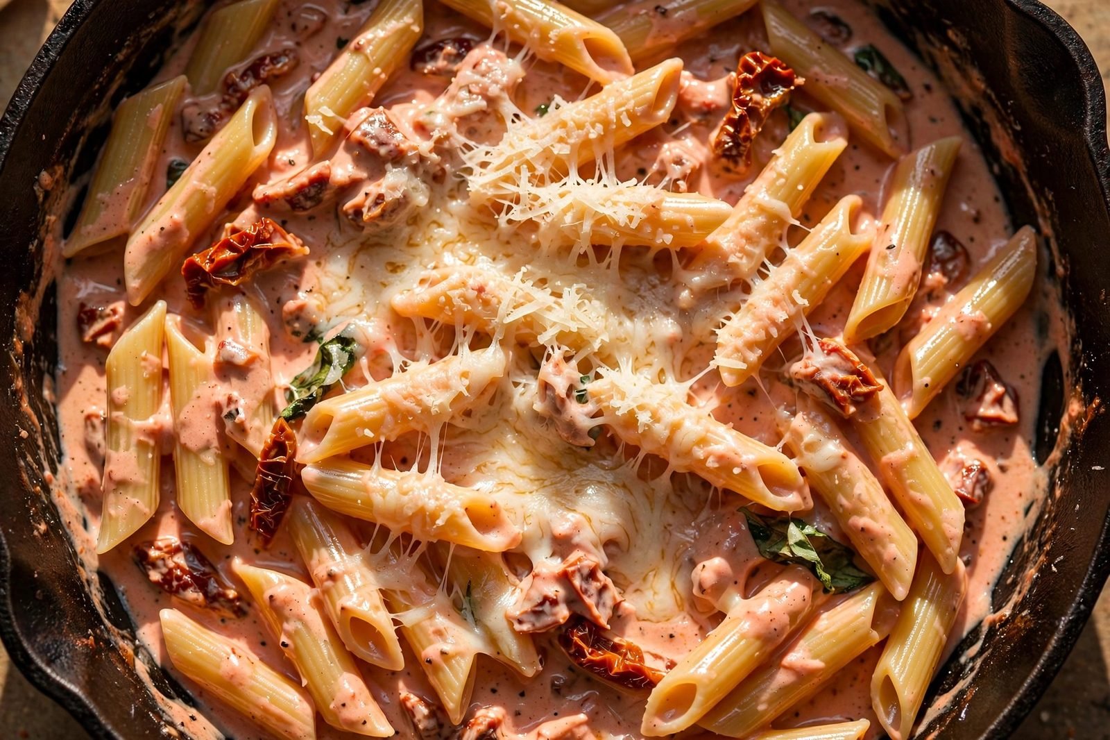 Grated Parmesan melting over the glossy pasta, close-up