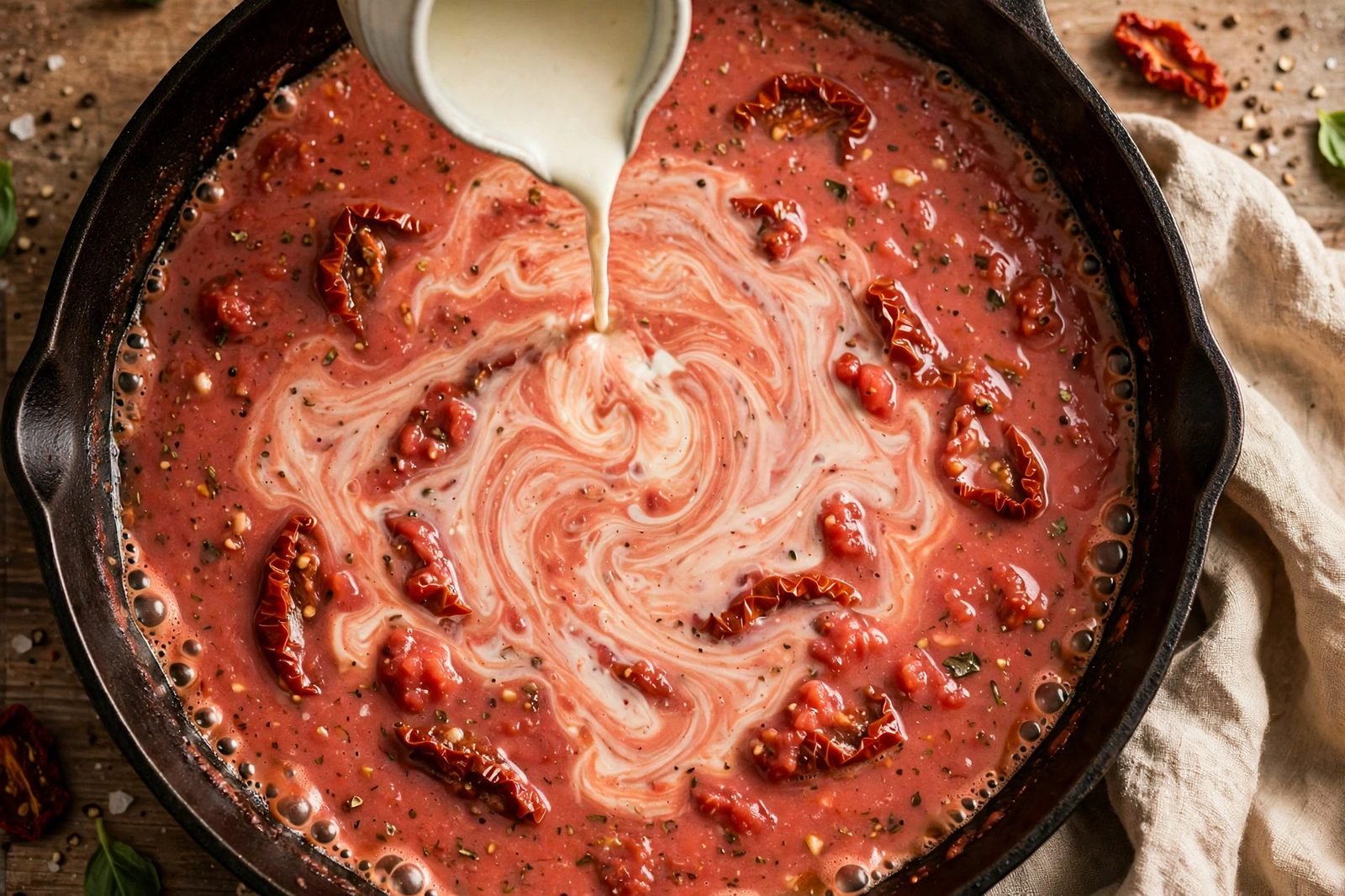 Heavy cream being poured into the pinkish simmering tomato sauce