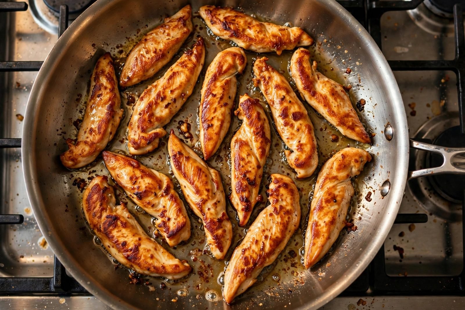 Golden chicken strips searing in a large skillet