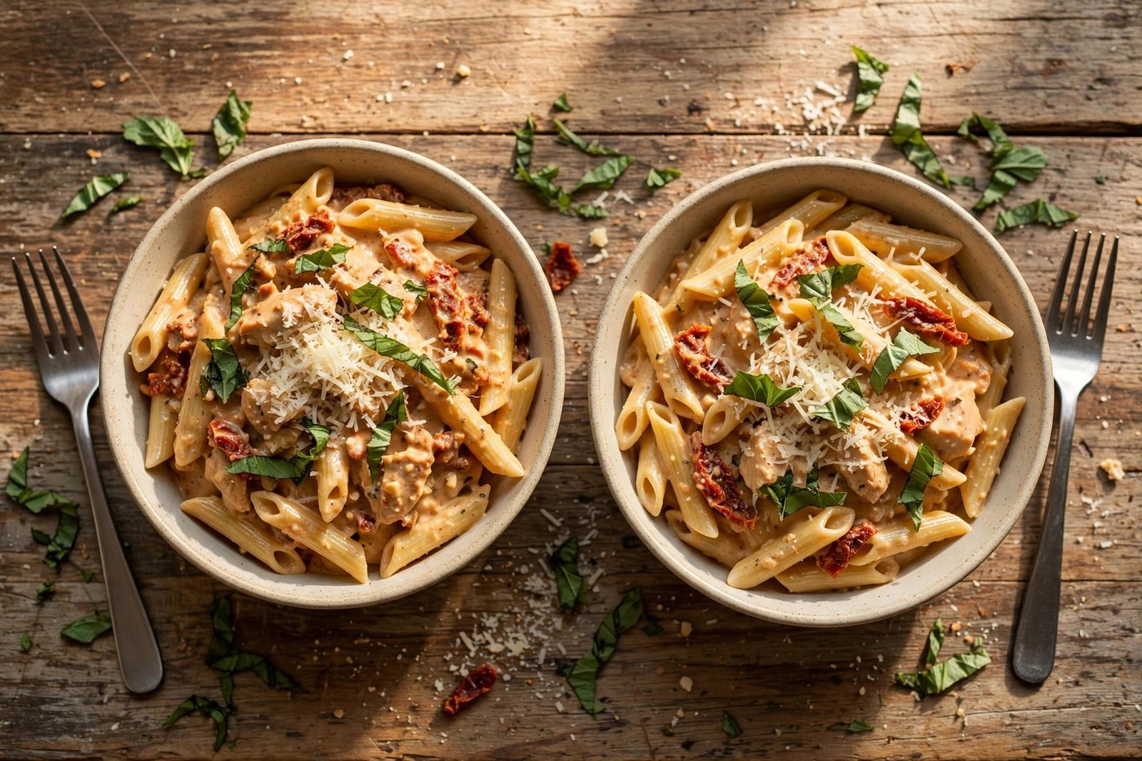 Two served bowls of pasta topped with basil and extra Parmesan