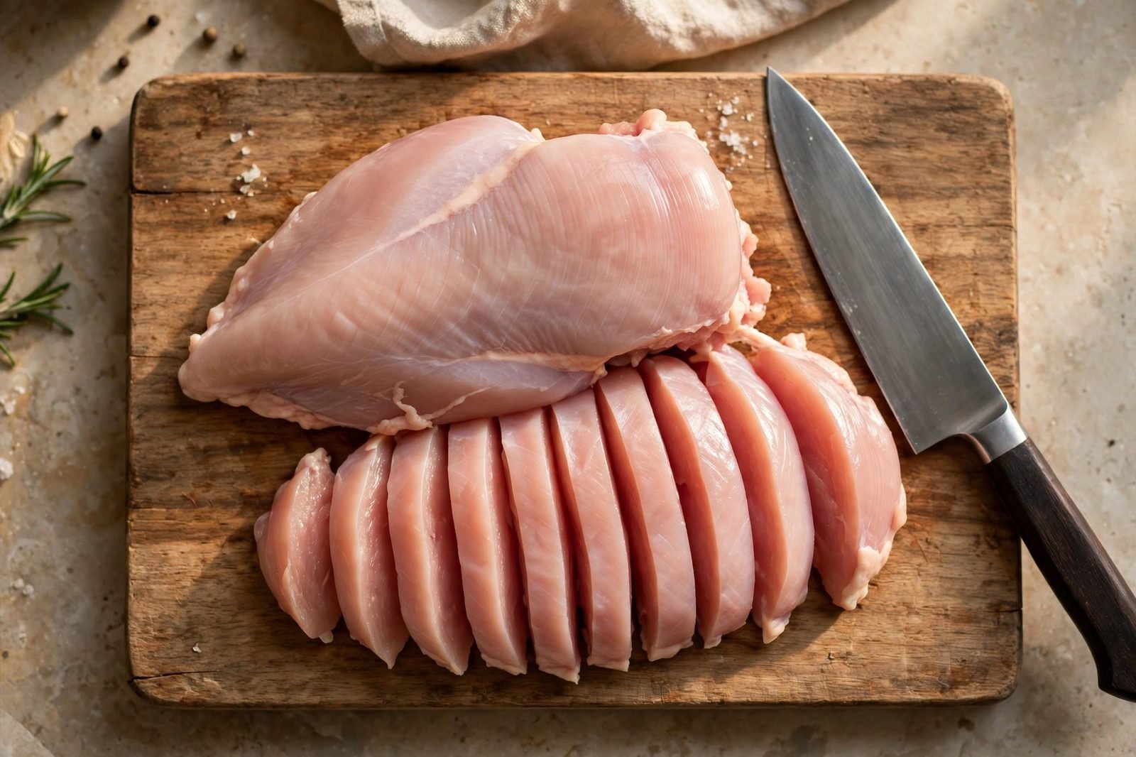 Chicken breast being sliced into even strips on a wooden cutting board