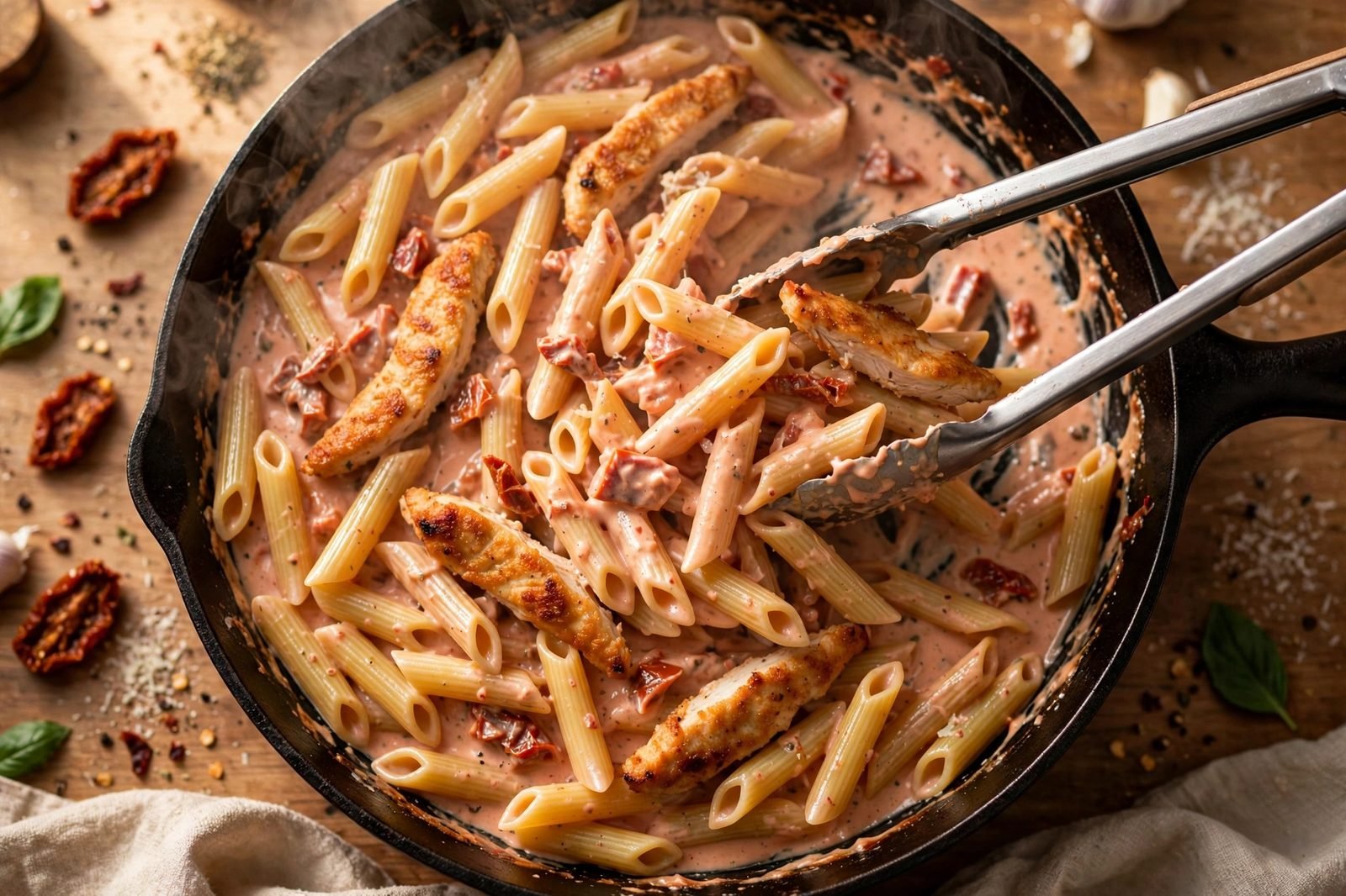 Penne being tossed with creamy sauce and chicken in a skillet with tongs