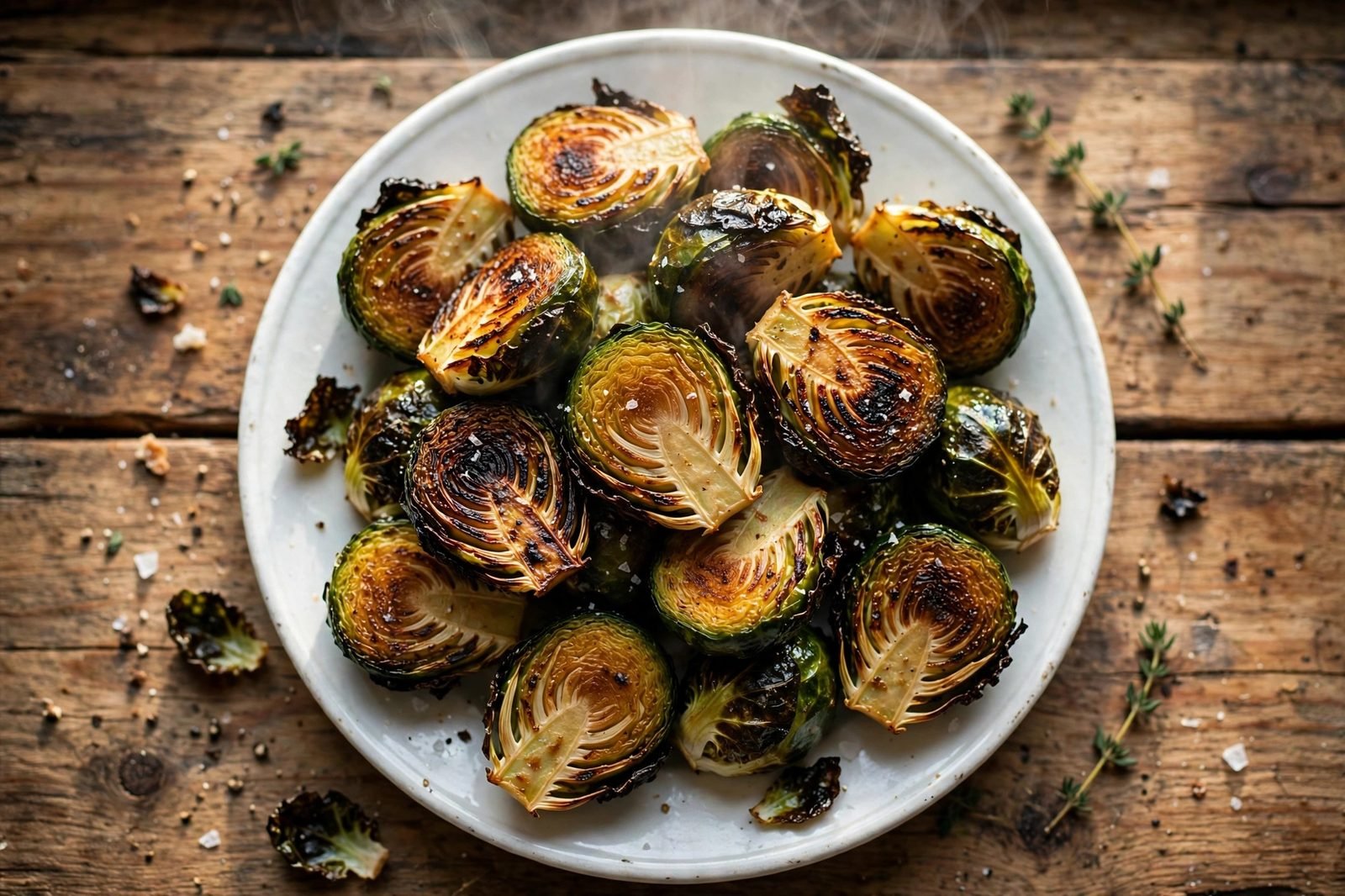 Deeply caramelized Brussels sprout halves piled on a white plate.