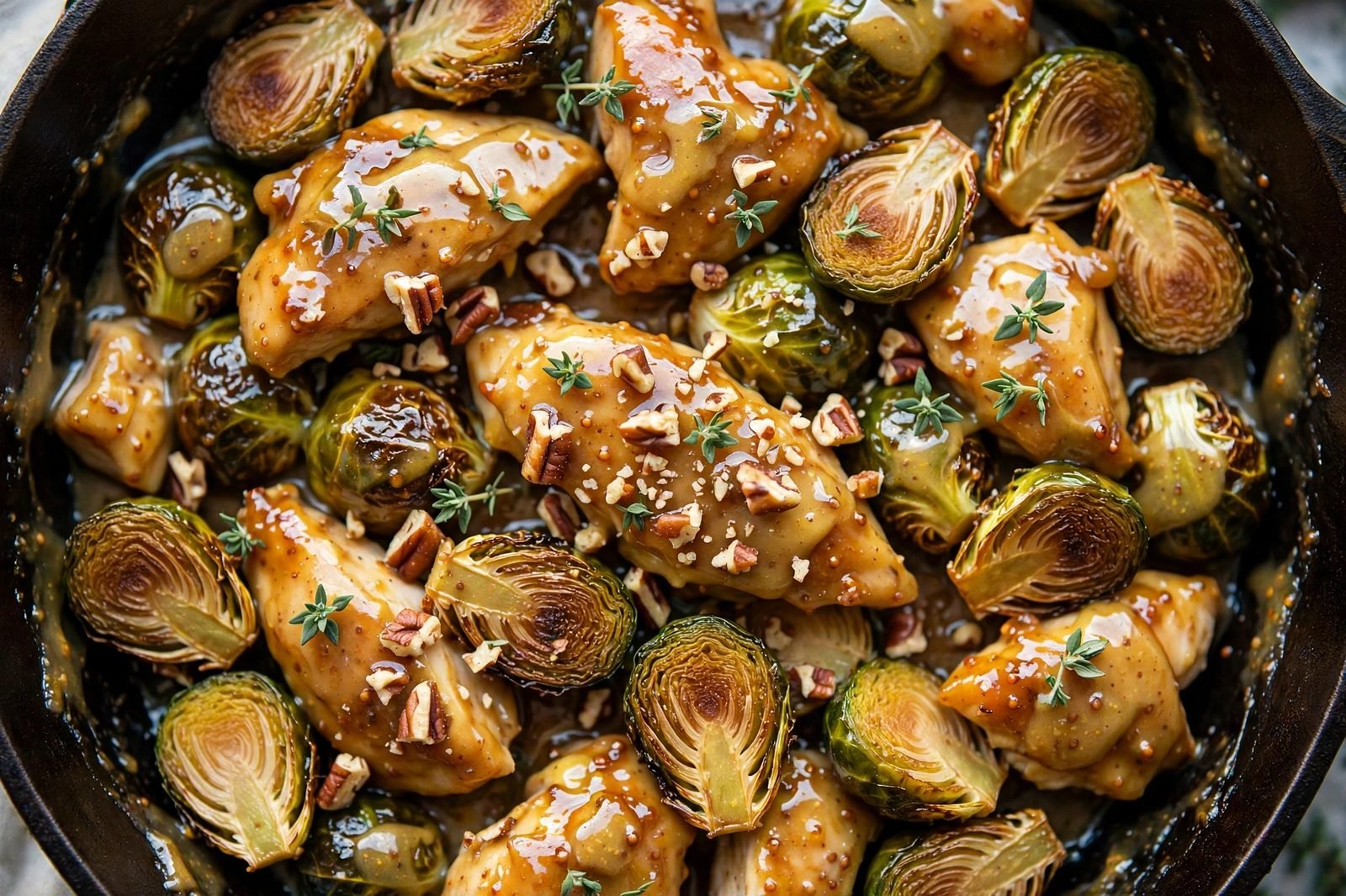 Close-up of glossy honey mustard chicken and Brussels sprouts topped with thyme and chopped pecans.
