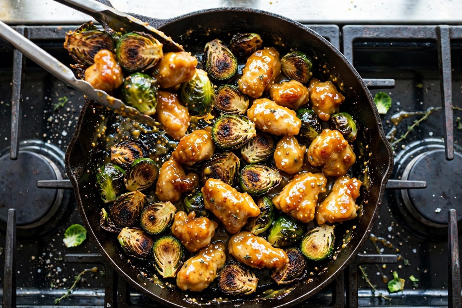 Charred Brussels sprouts being tossed with glazed chicken pieces in a skillet.