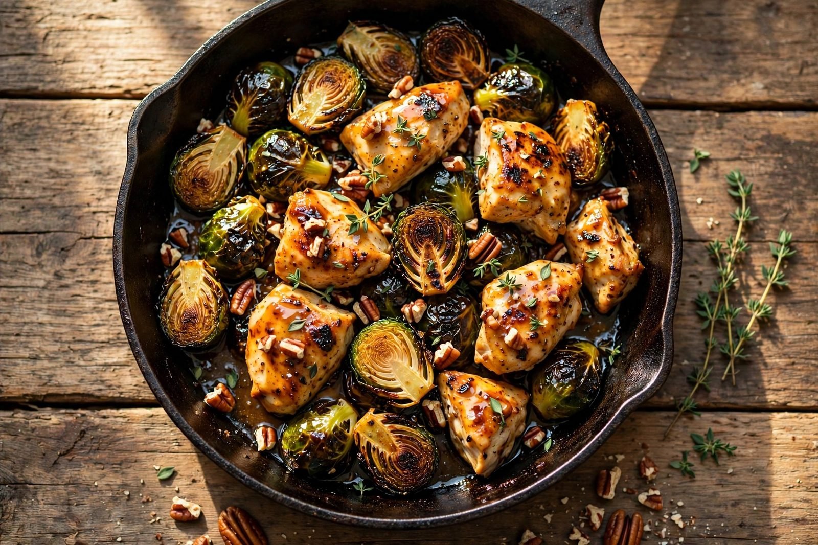 Overhead view of a skillet of honey mustard chicken with charred Brussels sprouts in a glossy glaze, scattered with fresh thyme.