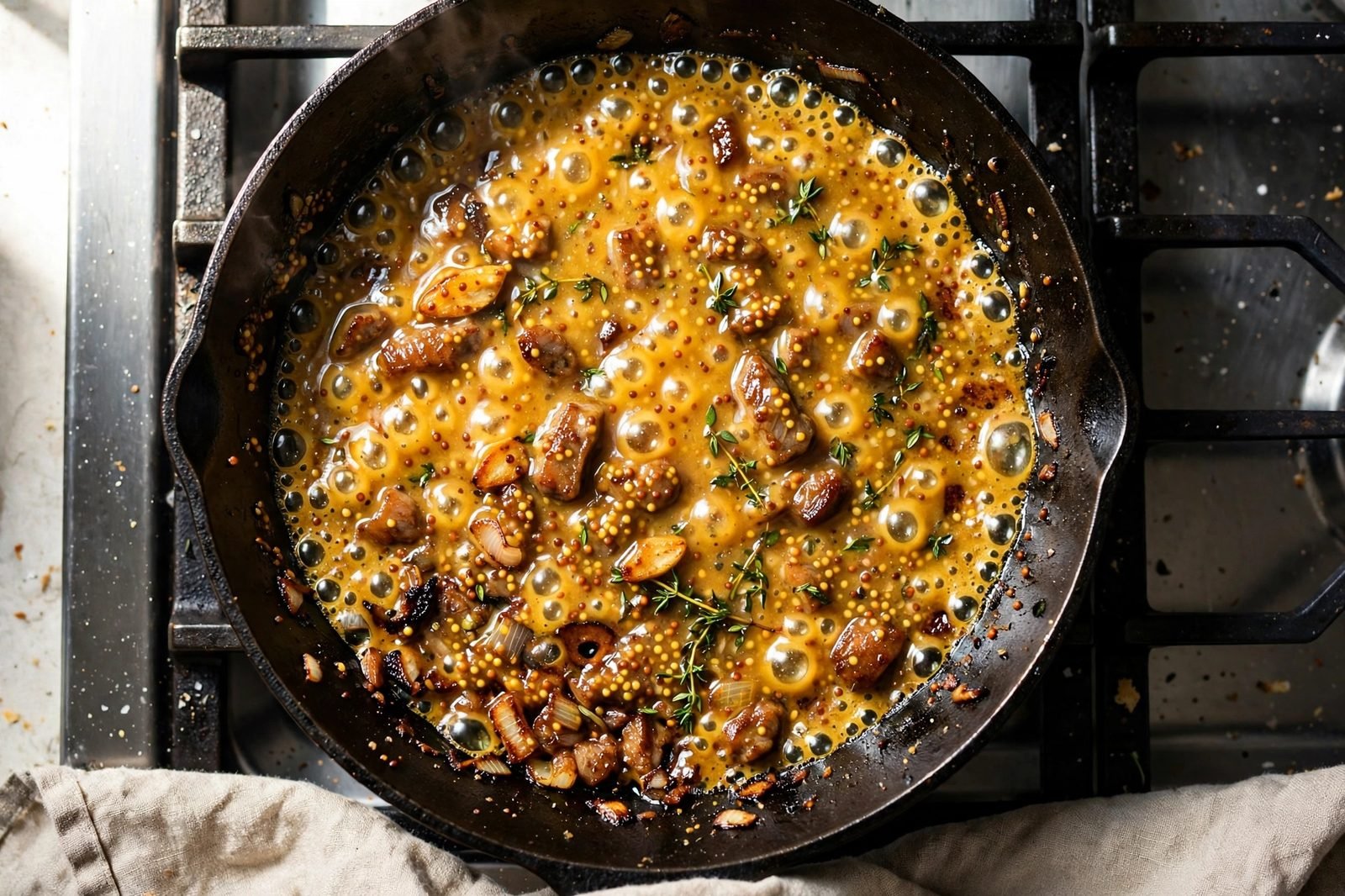 Bubbling honey-mustard glaze simmering in a skillet.