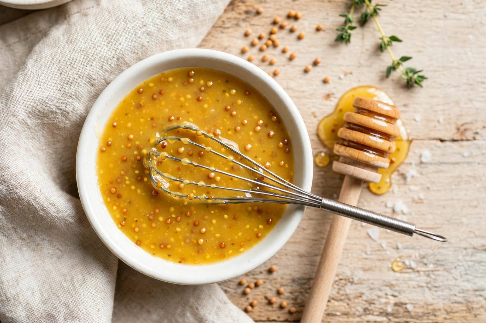 A small bowl of whisked golden honey-mustard glaze with visible whole-grain mustard seeds.