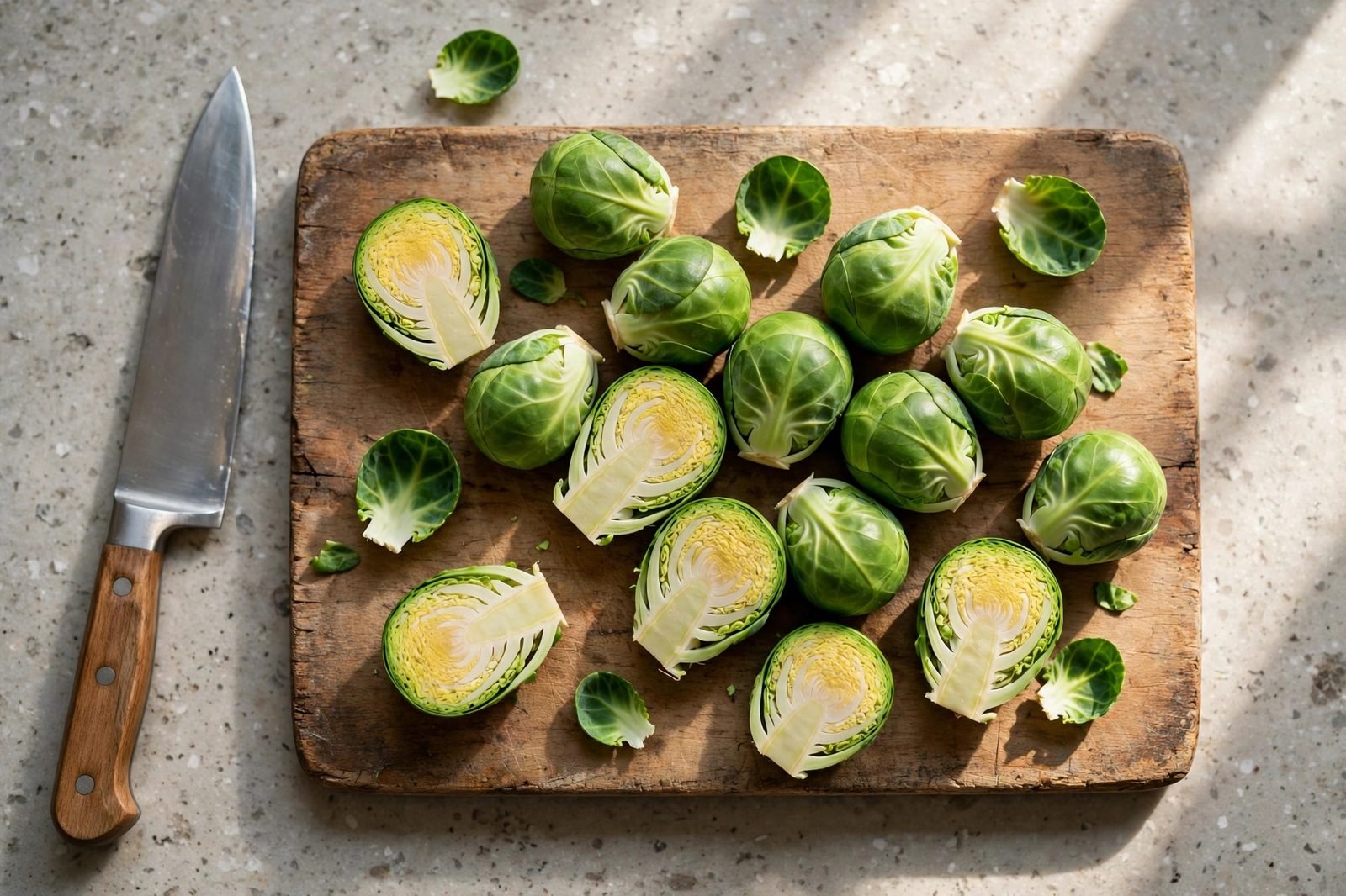 Halved Brussels sprouts on a cutting board with a chef's knife beside them.