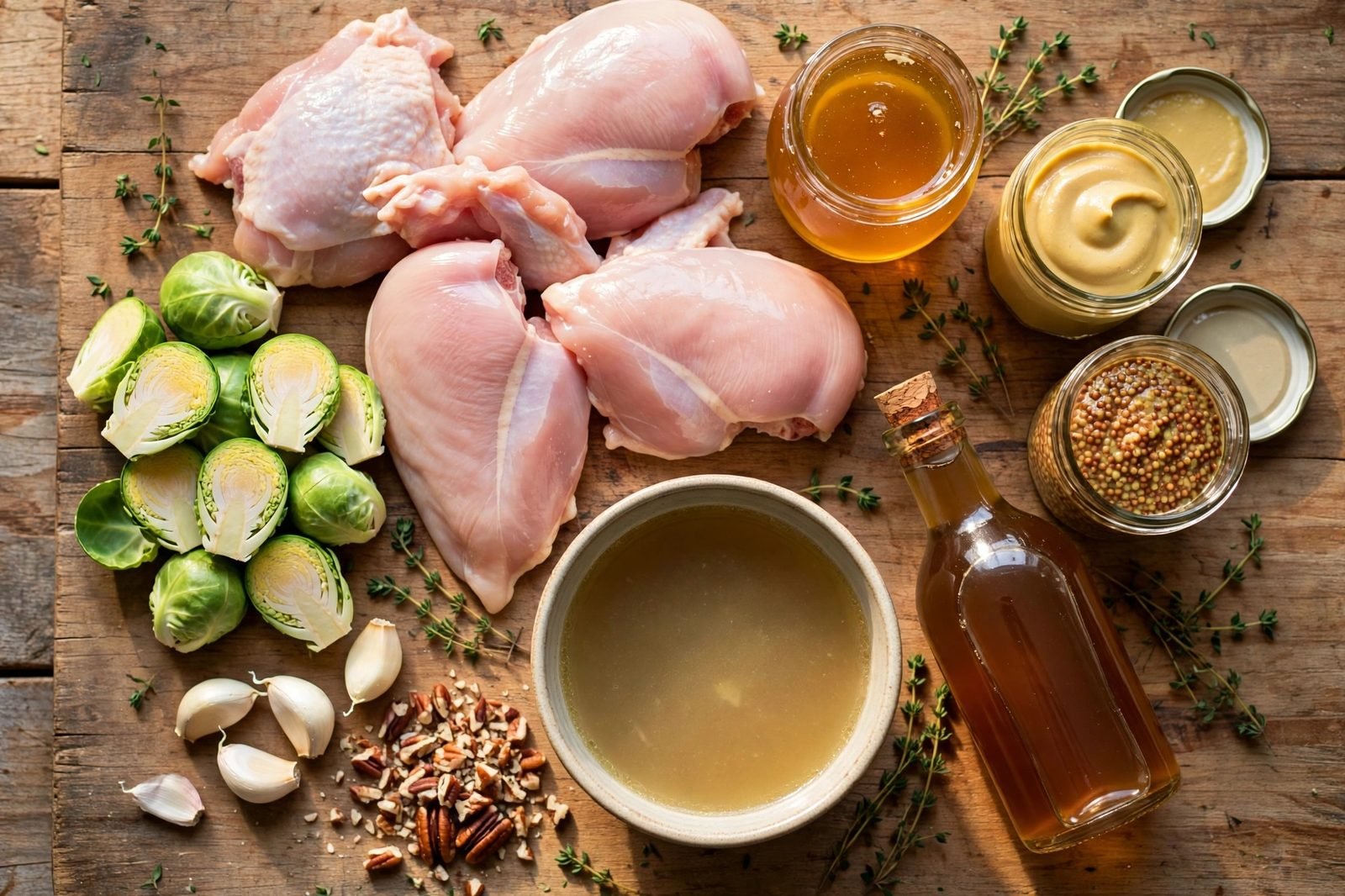 Ingredients for honey mustard chicken skillet arranged on a wooden board: chicken pieces, halved Brussels sprouts, honey, mustards, vinegar, garlic, broth, thyme, and pecans.