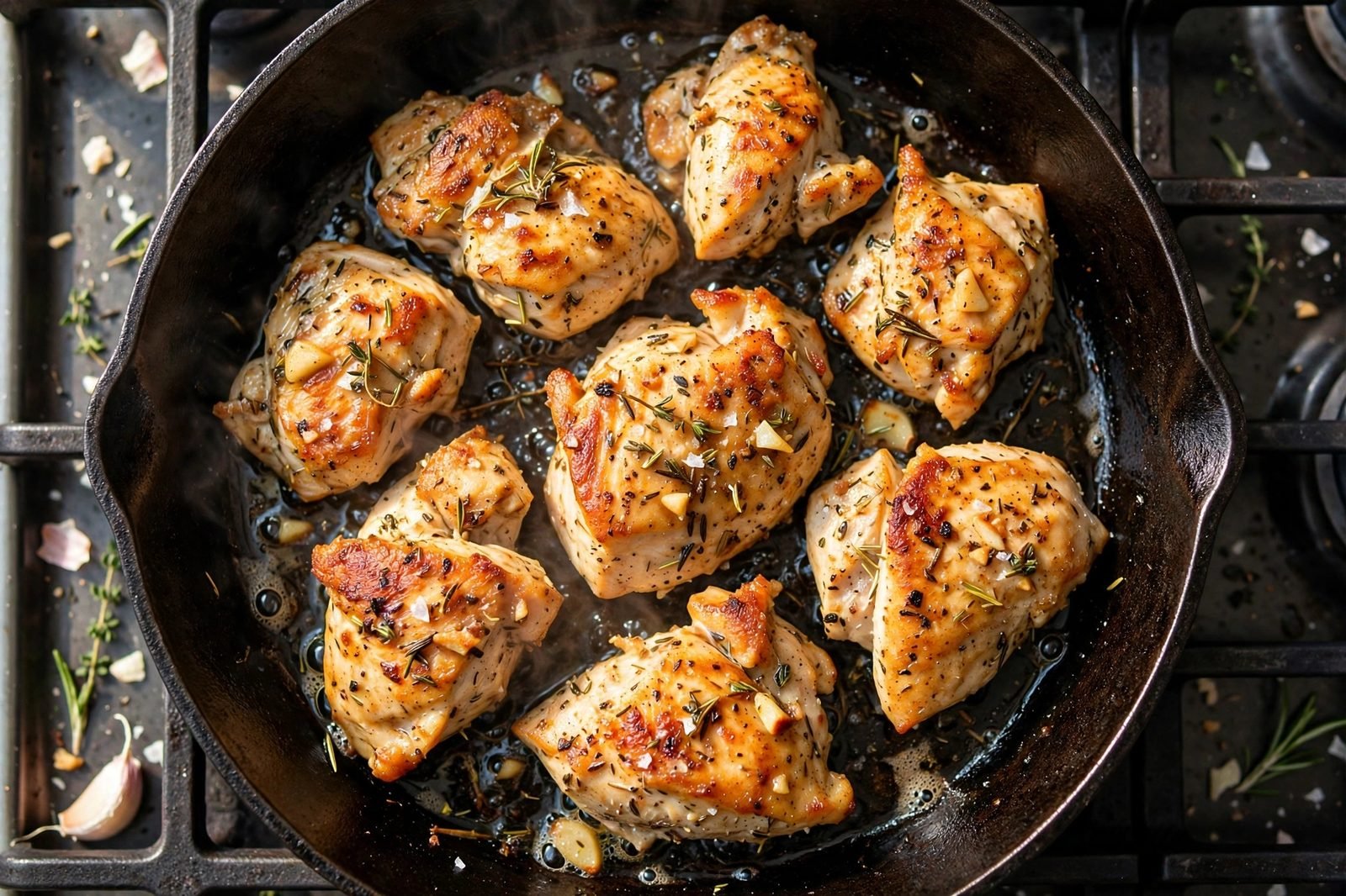 Golden chicken pieces sizzling in a skillet.