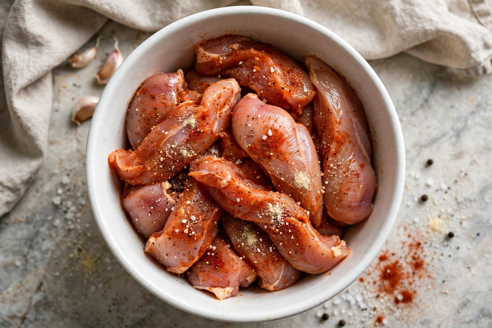 Raw chicken pieces tossed with paprika and garlic seasoning in a mixing bowl.