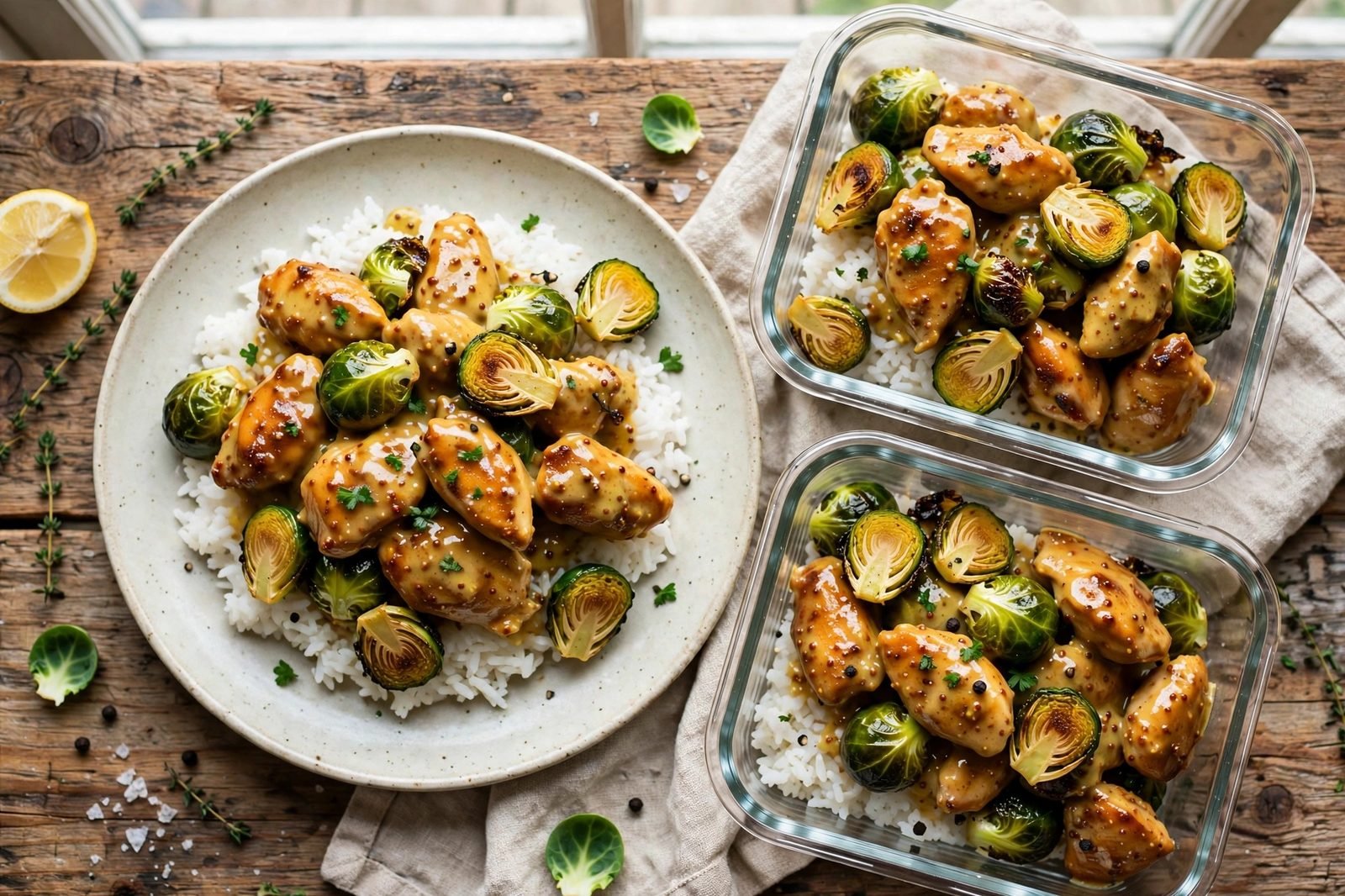A plated serving of honey mustard chicken and Brussels sprouts over rice next to two meal-prep containers.