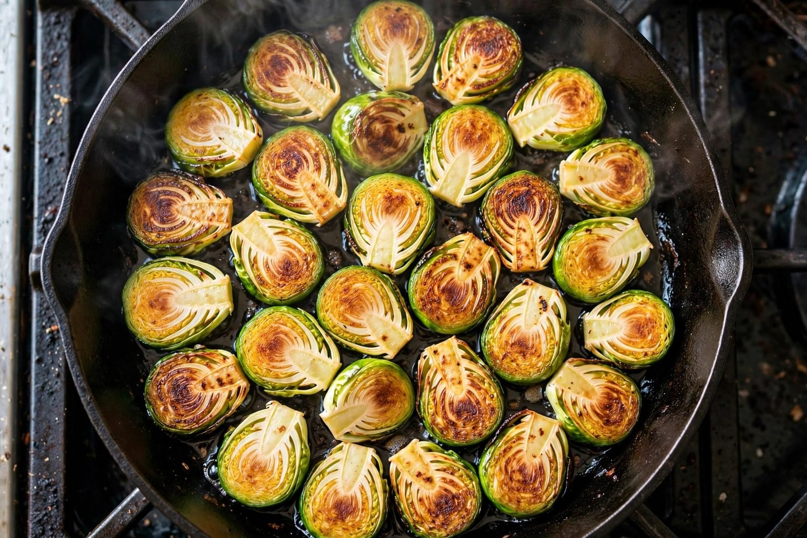 Brussels sprout halves searing cut-side down in a single layer in a hot skillet.