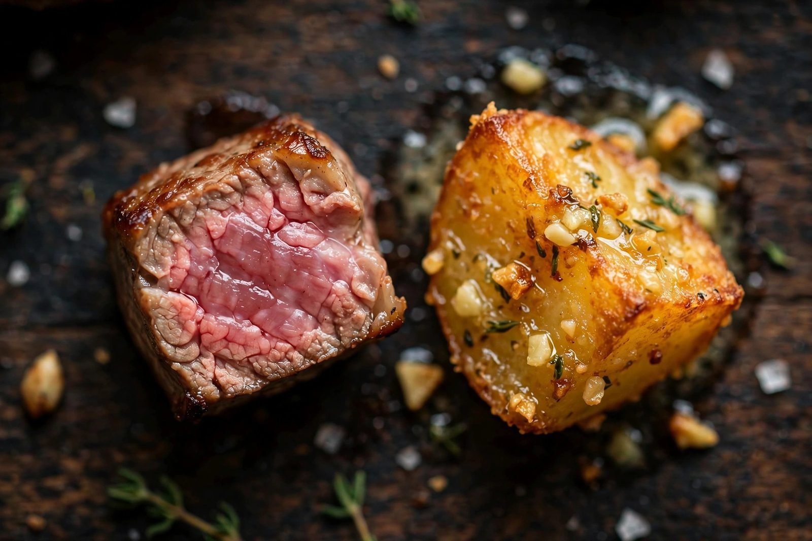 Close-up of a steak bite with rosy interior beside a crispy potato