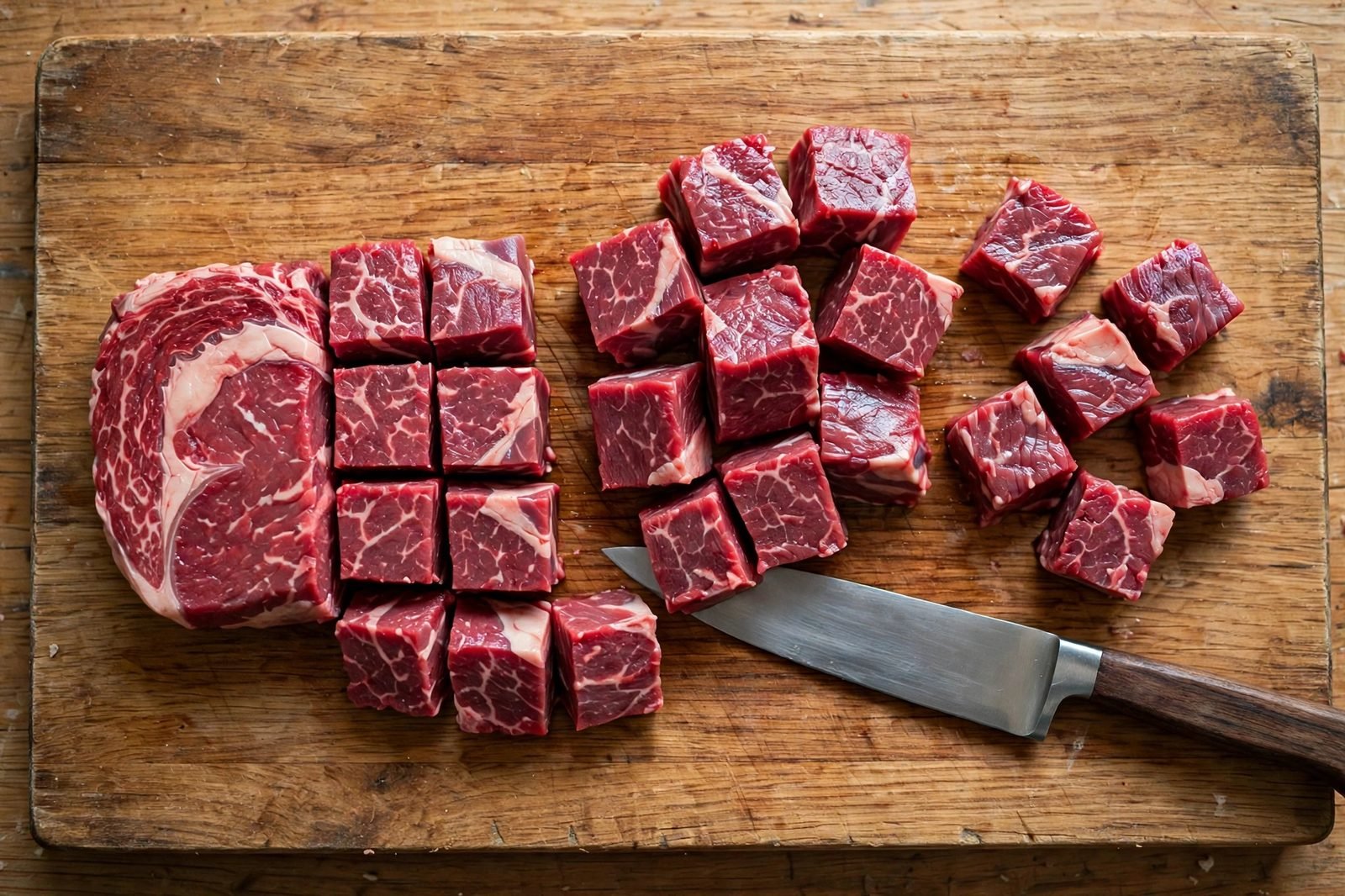 Steak cut into 1-inch cubes on a cutting board