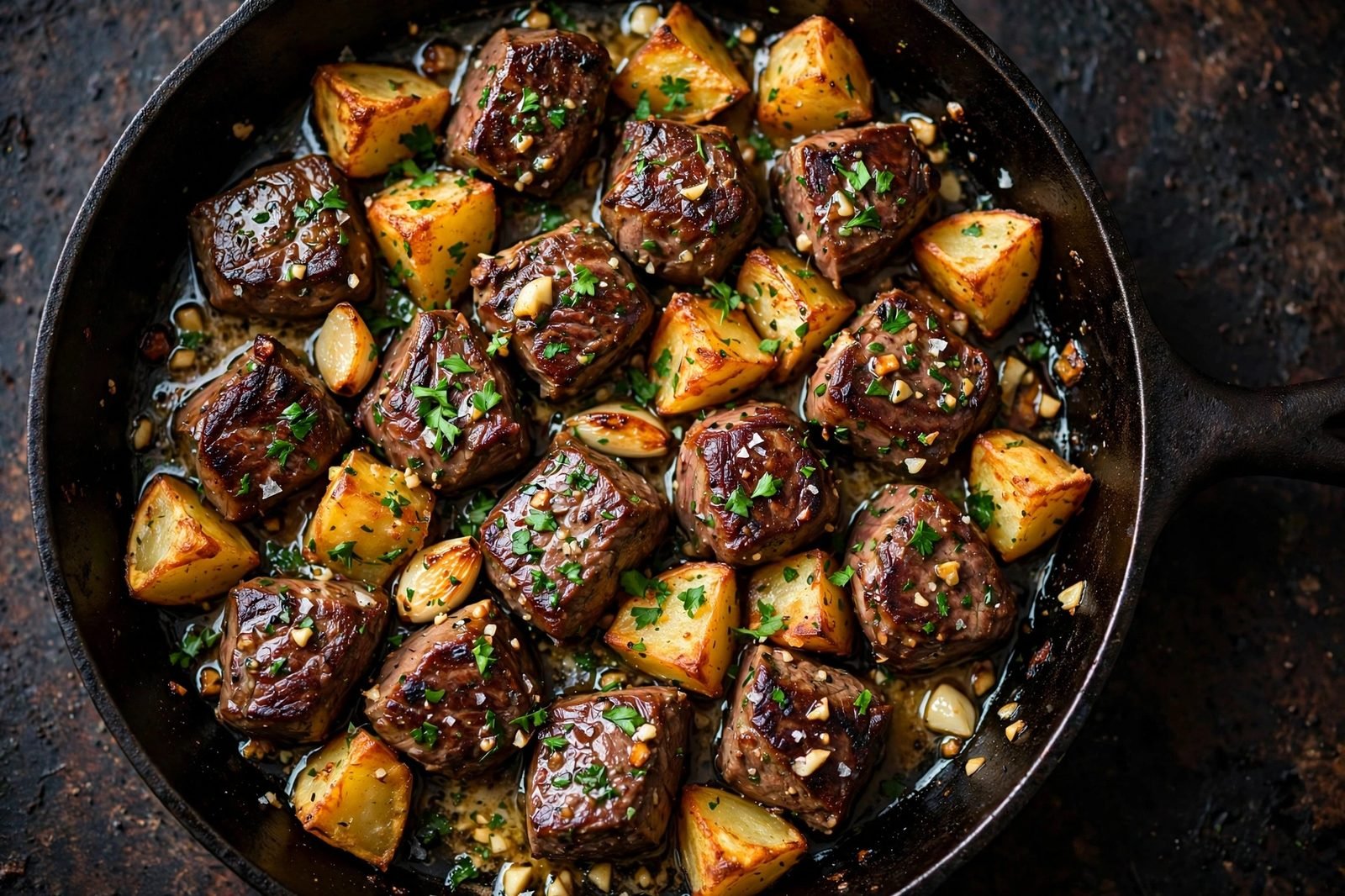 Overhead of the finished skillet: seared steak bites and crispy potatoes glistening in garlic butter with a parsley shower