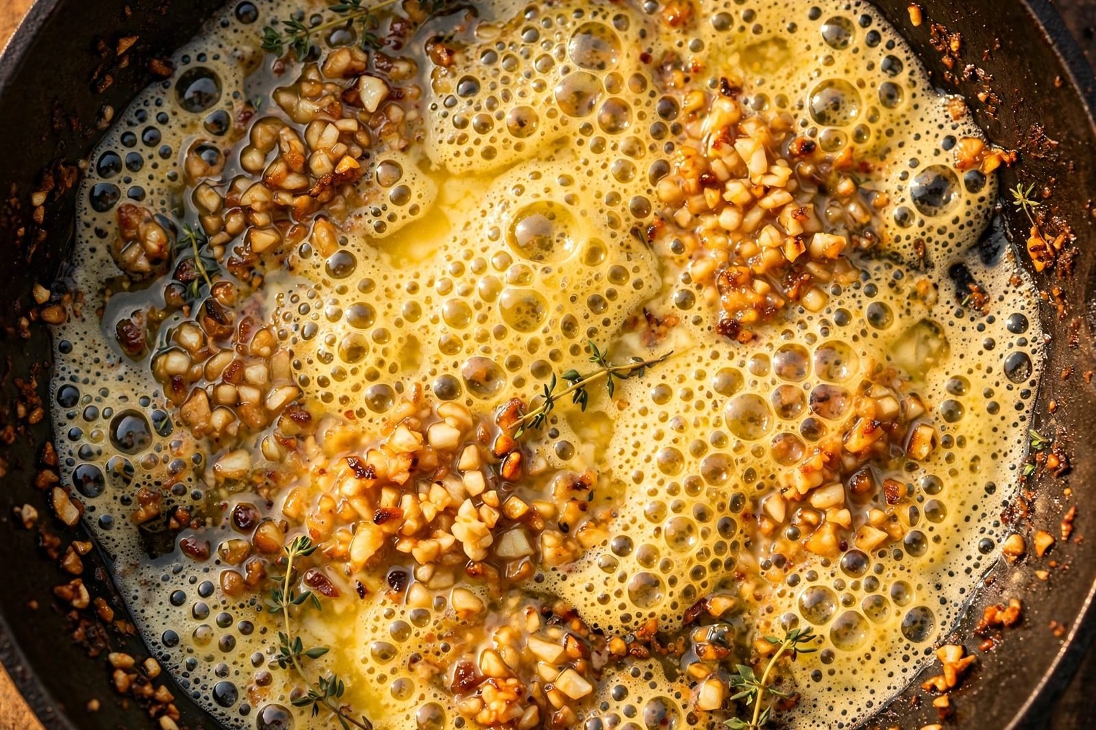 Foaming butter with minced garlic in the skillet with browned bits