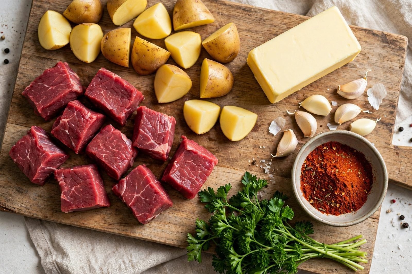 Ingredients for garlic butter steak bites: sirloin cubes, baby potatoes, butter, garlic, parsley