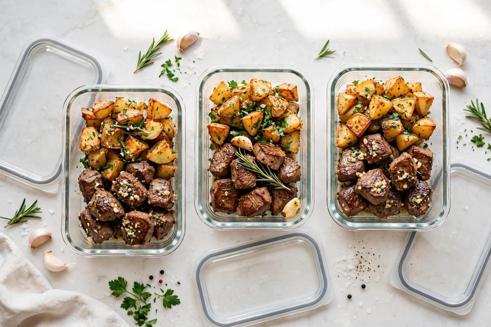 Portioned lunch containers of steak bites and potatoes