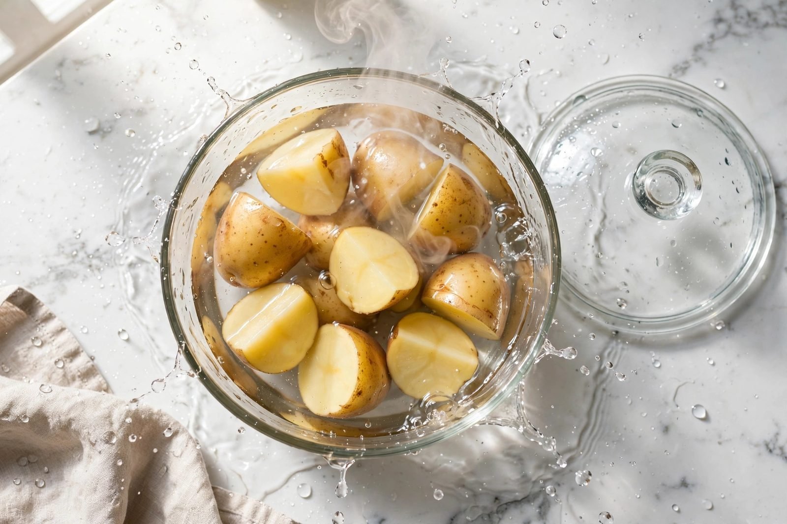 Quartered potatoes par-cooking in a bowl, steam rising