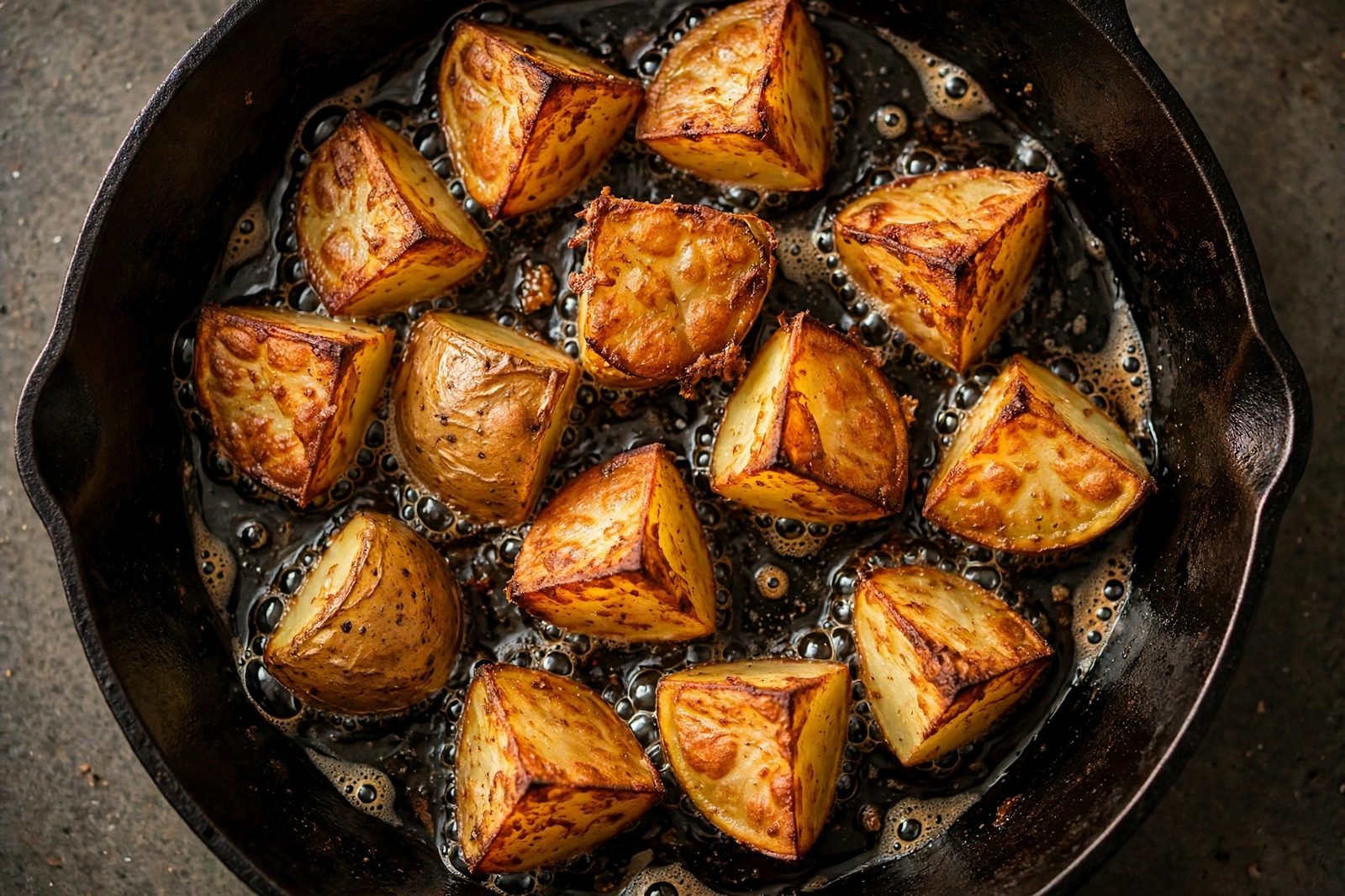 Golden potato chunks searing cut-side down in a cast iron skillet