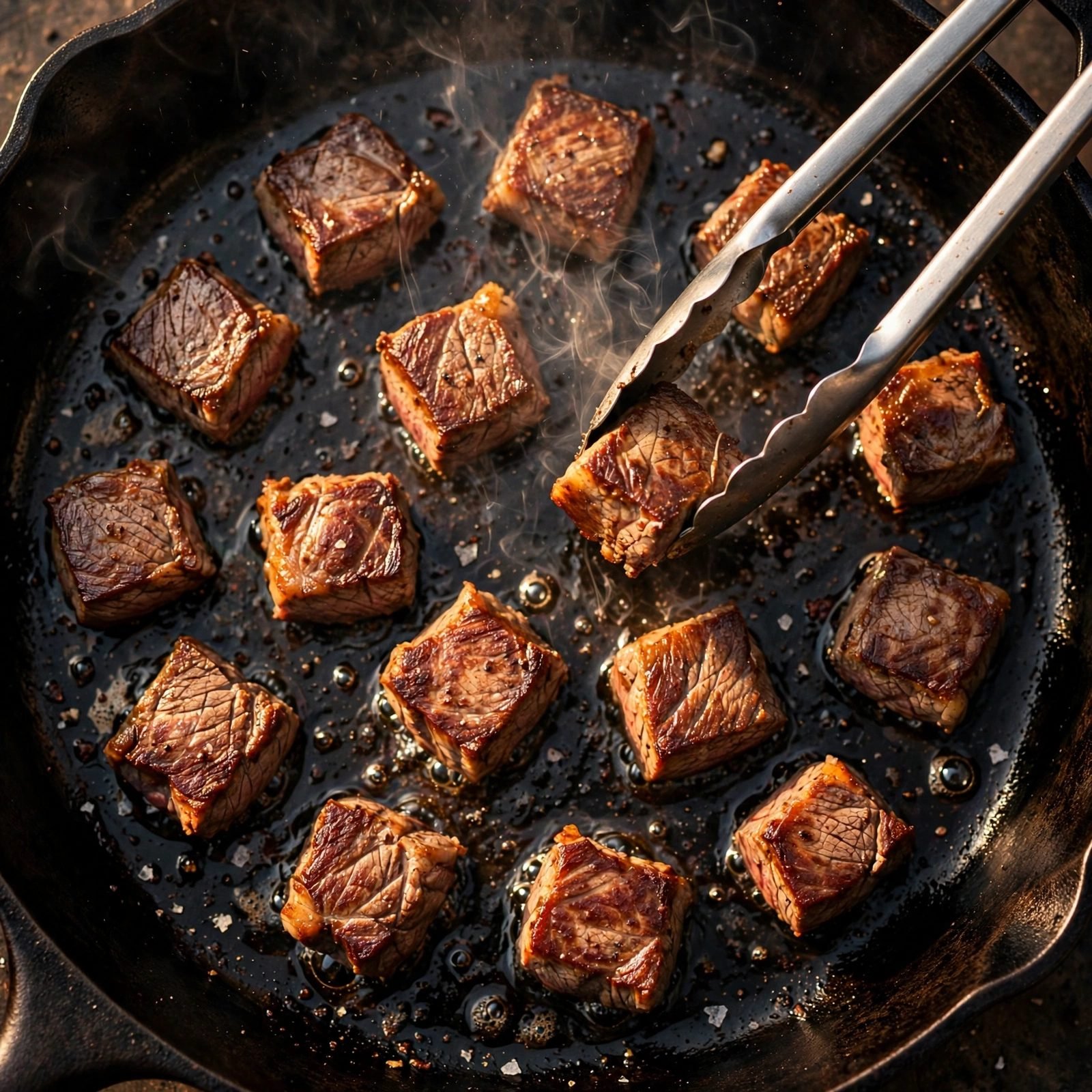 Steak bites searing with deep brown crust, tongs mid-flip