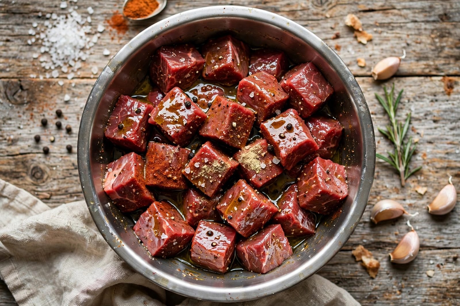 Seasoned steak cubes glistening with oil and spices in a bowl