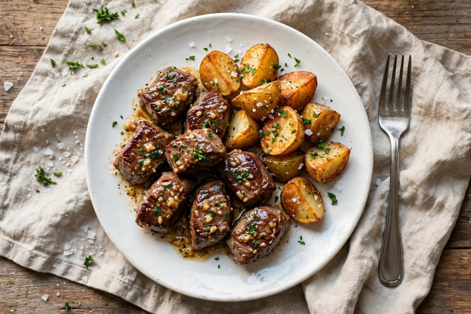 Plated steak bites and potatoes with parsley and flaky salt