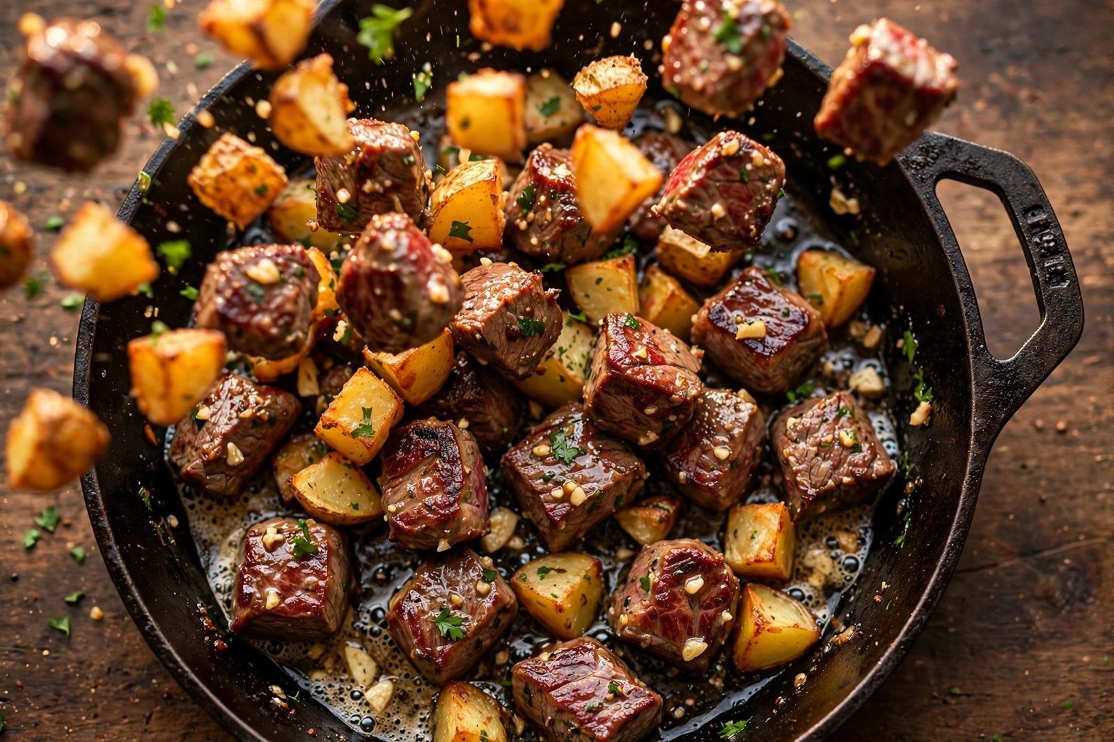 Steak bites and potatoes being tossed in garlic butter