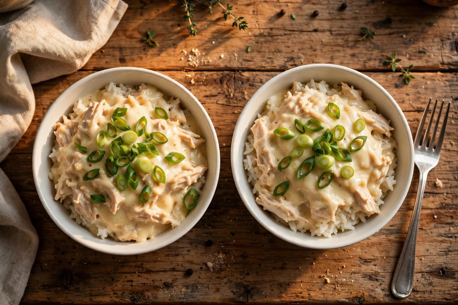 Two served bowls of cheesy chicken and rice with green onions