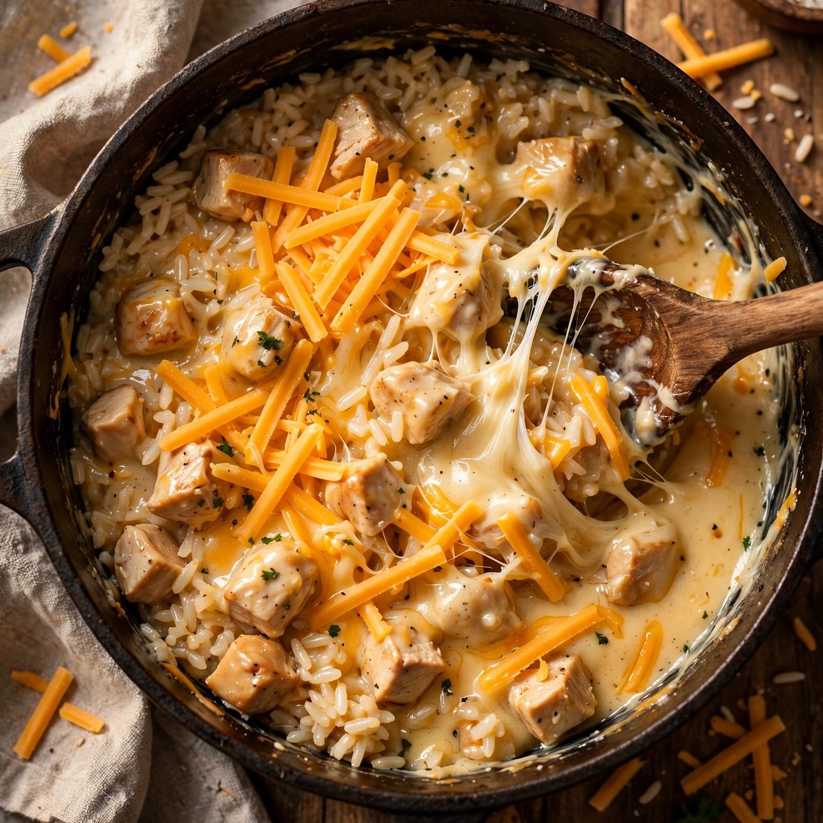 Shredded cheddar being stirred into the pot off the heat, creamy
