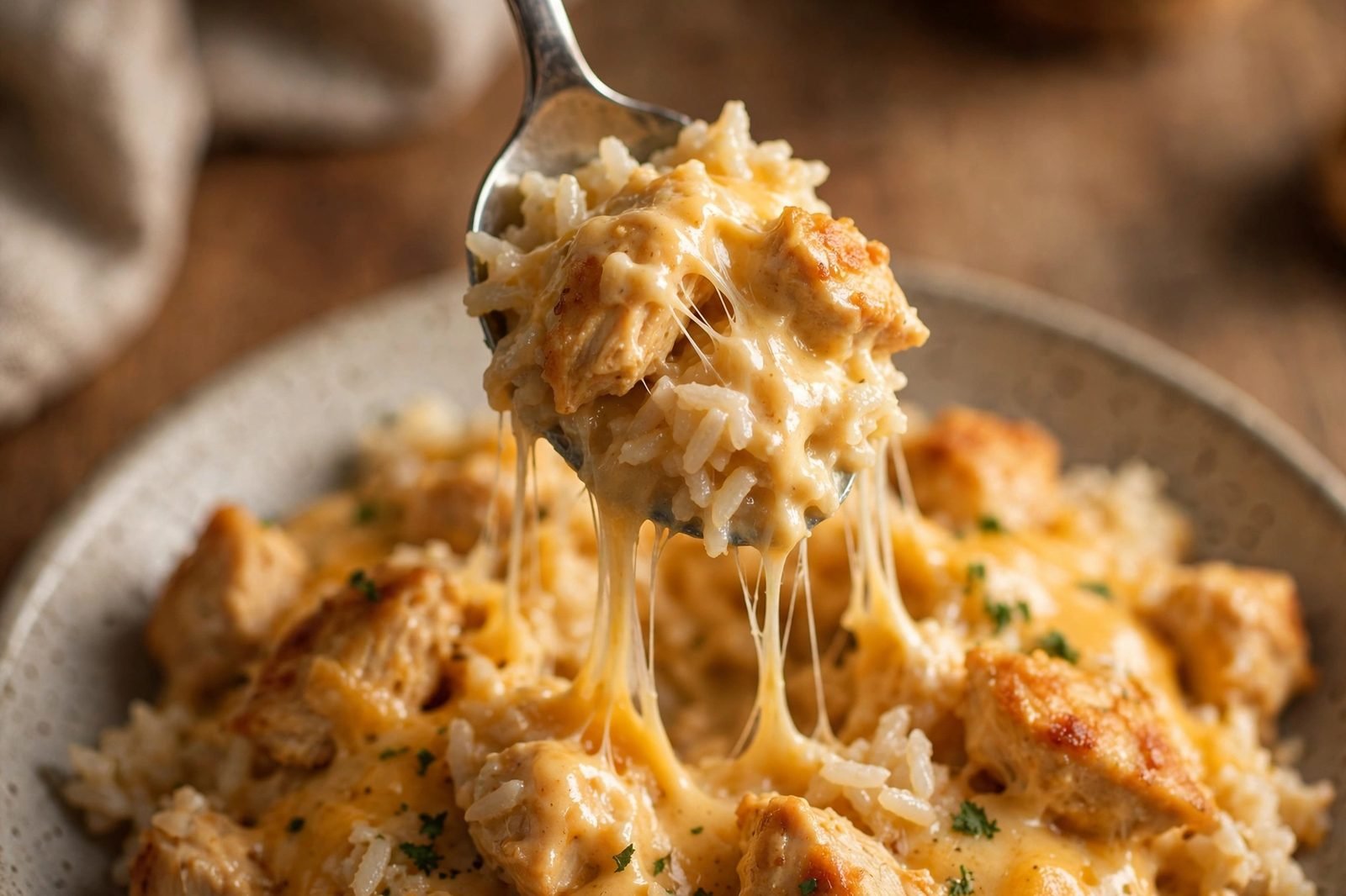 Close-up of a creamy spoonful of cheesy chicken and rice