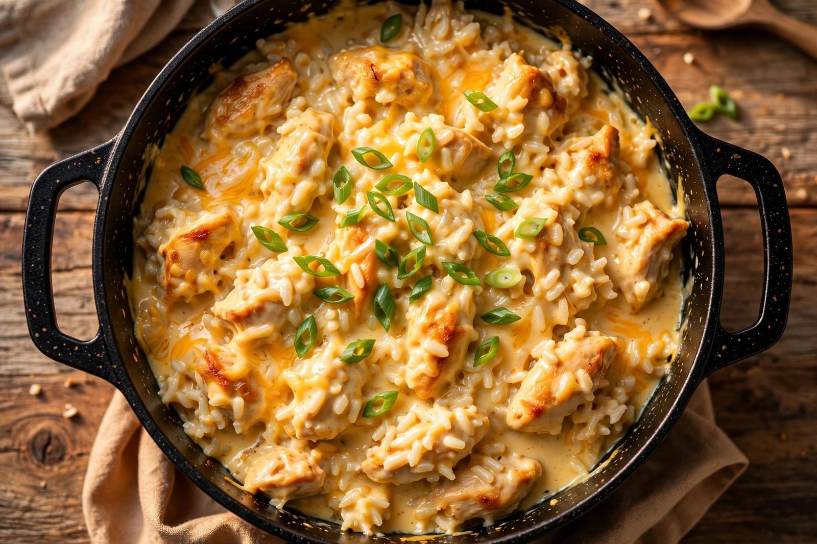 Overhead of a Dutch oven of cheesy chicken and rice topped with green onions