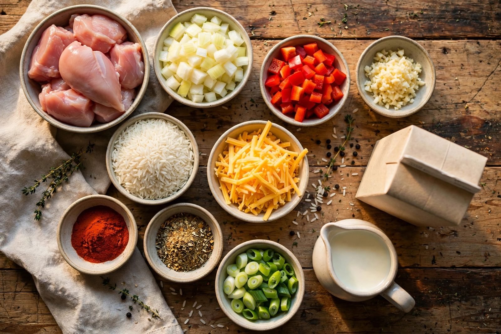 Ingredients for cheesy chicken and rice: chicken pieces, long-grain rice, cheddar, milk, onion, bell pepper