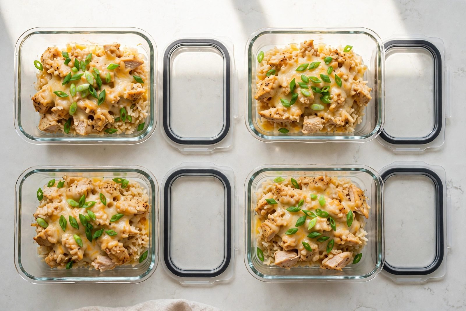 Meal-prep containers portioned with cheesy chicken and rice
