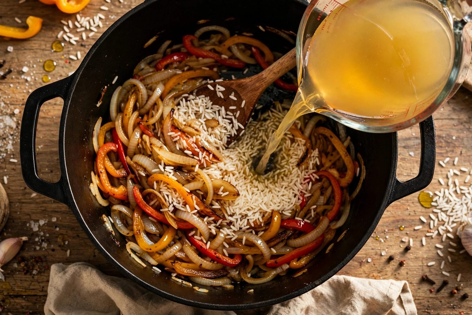 Rice toasted in the pot with chicken broth being poured in