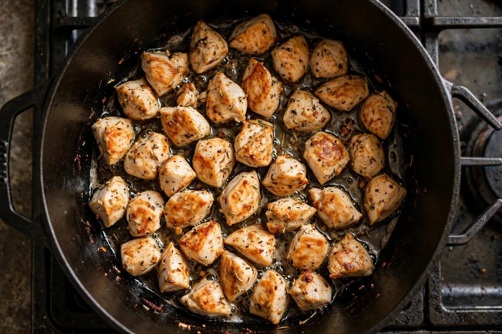 Chicken pieces searing golden in a Dutch oven