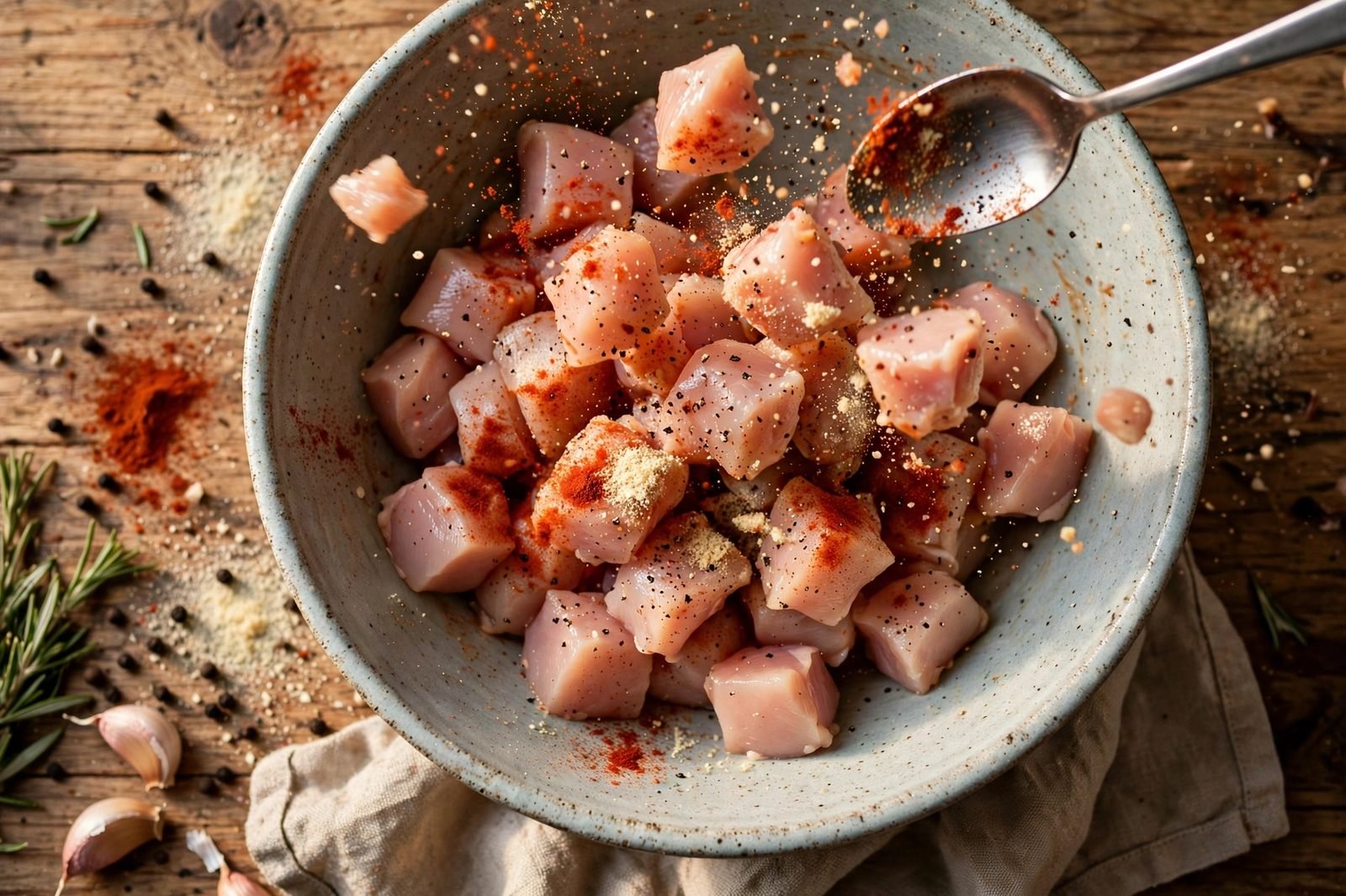 Chicken pieces being tossed with paprika and seasonings