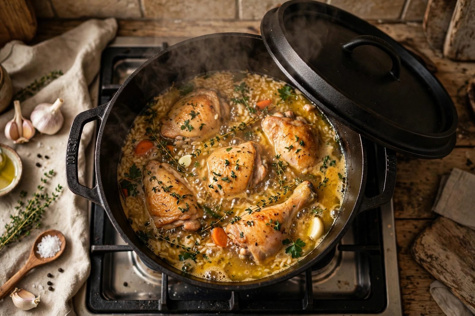 Pot simmering covered with steam rising