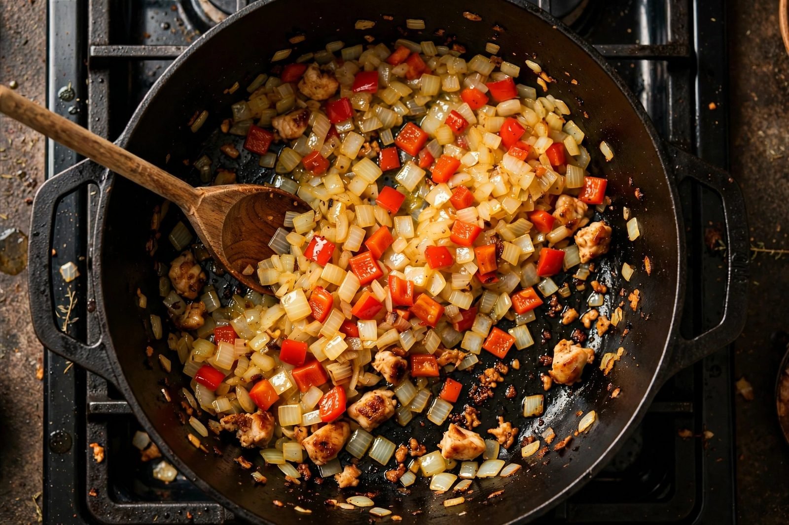 Diced onion and bell pepper softening in the pot
