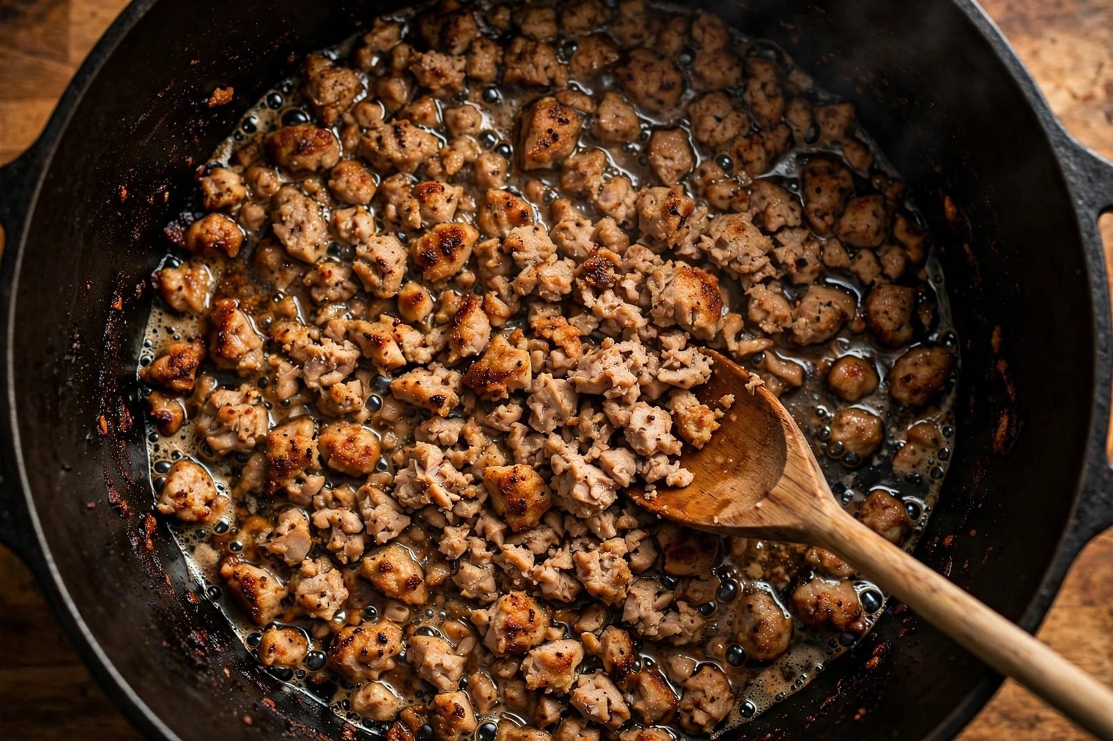 Ground turkey browning in crumbles in a dark Dutch oven with a wooden spoon.