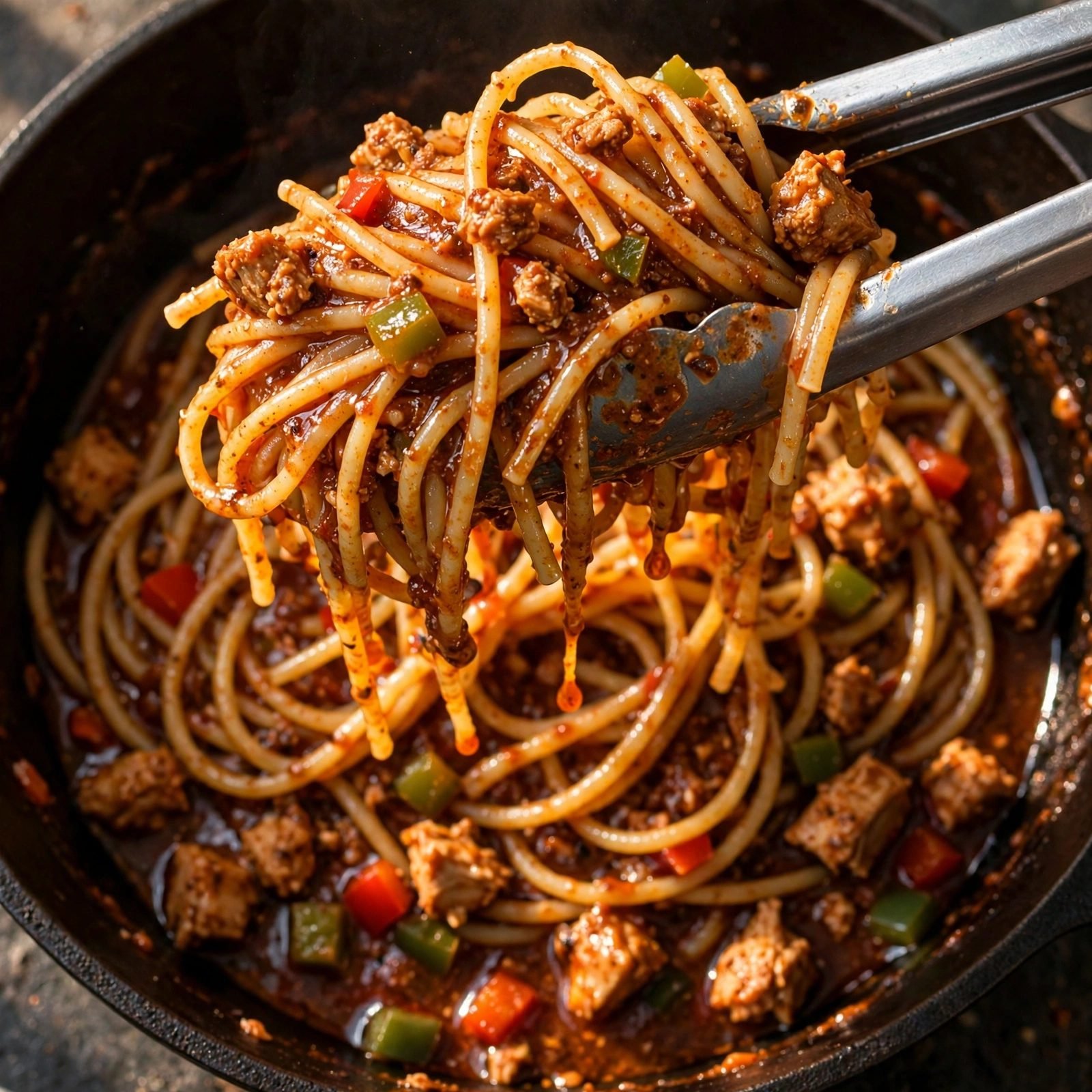 Tongs lifting glossy spaghetti coated in reddish-brown Cajun sauce with turkey crumbles and peppers.