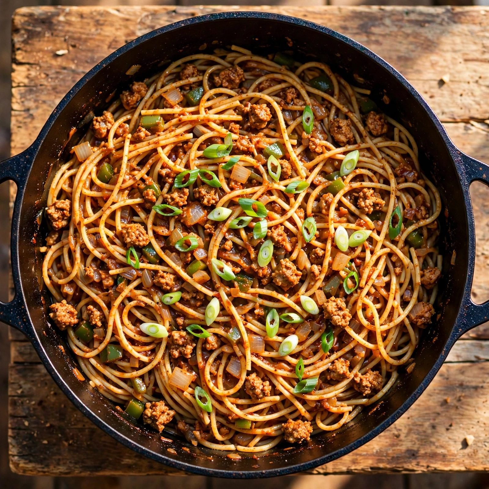 Dutch oven filled with Cajun dirty spaghetti topped with sliced green onions.