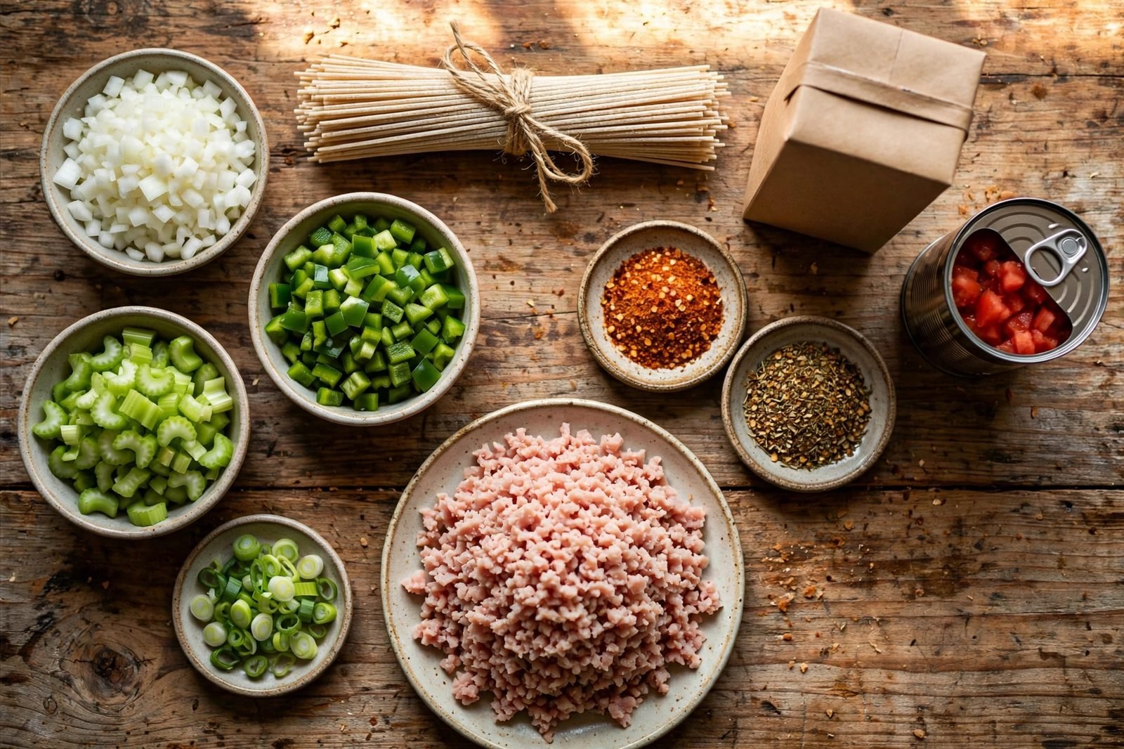 Arranged ingredients: ground turkey, diced onion, bell pepper, celery, dry spaghetti, canned diced tomatoes, Cajun spices, and chicken broth.