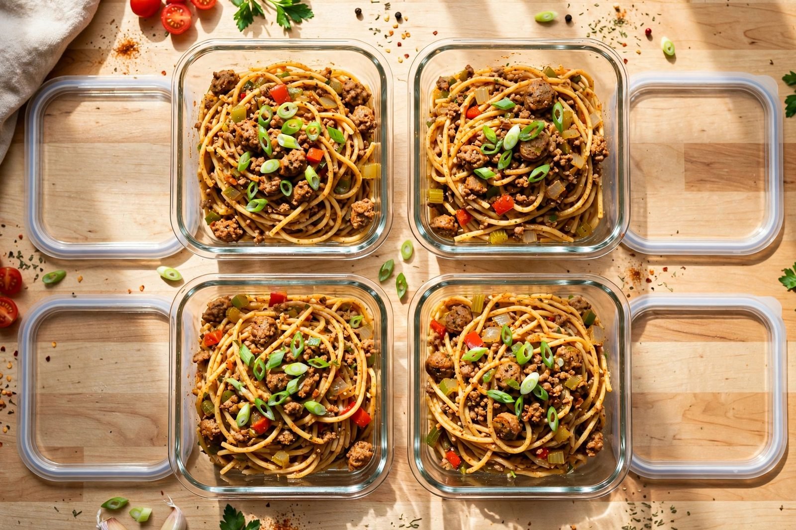 Four glass meal-prep containers filled with portions of dirty spaghetti topped with green onions.