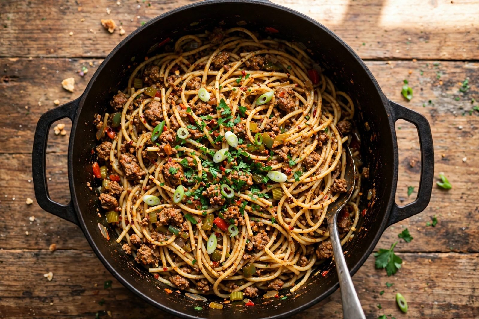 Overhead view of a finished pot of dirty spaghetti garnished with green onions and parsley.