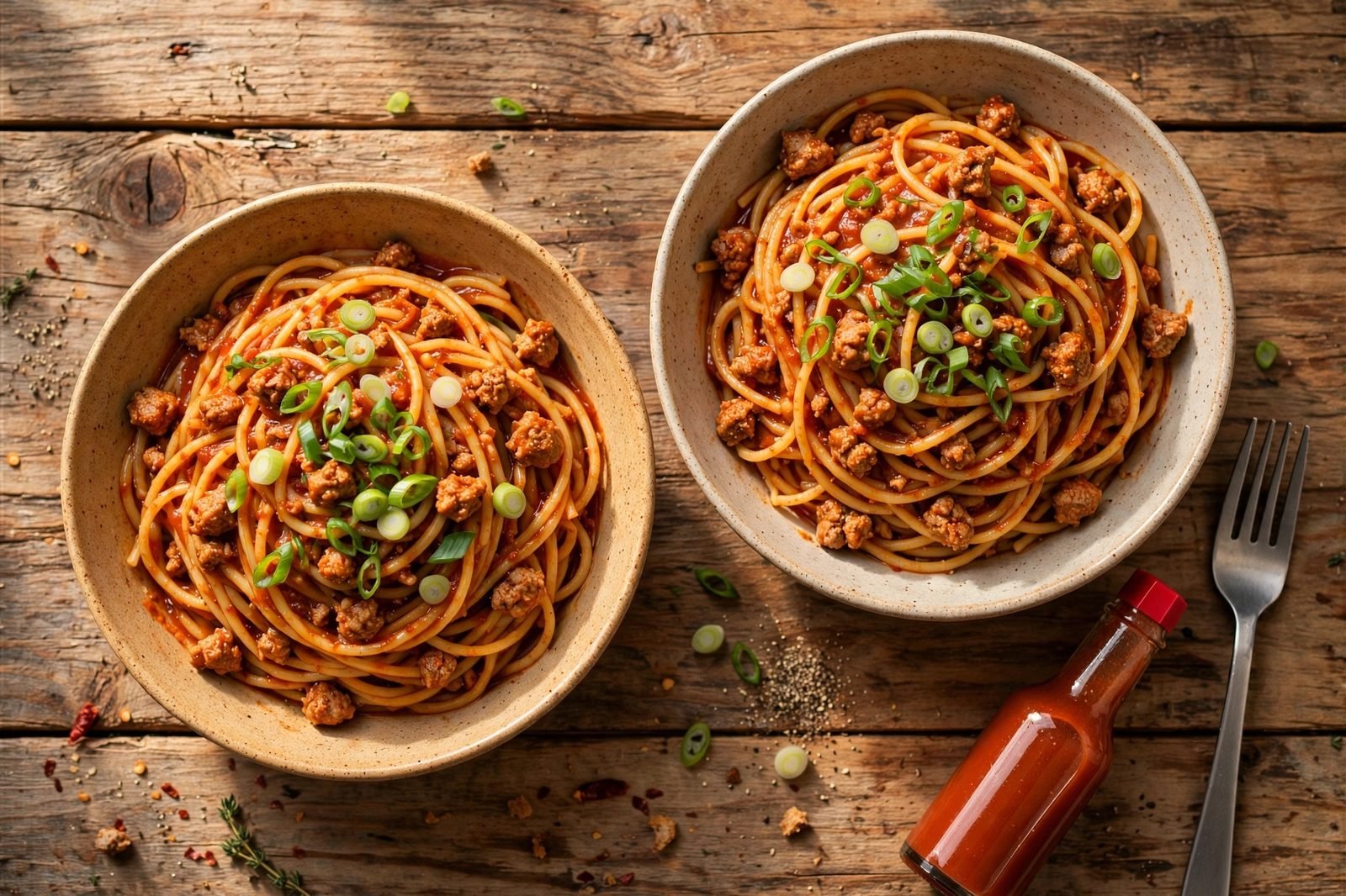 Two bowls of dirty spaghetti topped with green onions, with a hot sauce bottle and fork beside them.