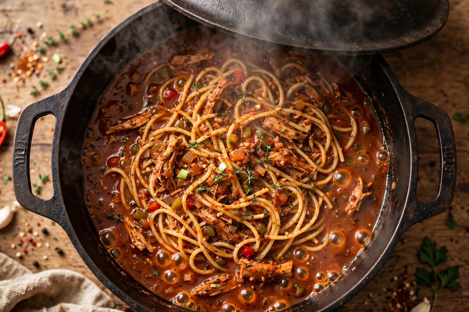 Pot with lid slightly ajar, spaghetti simmering in Cajun turkey sauce with steam rising.