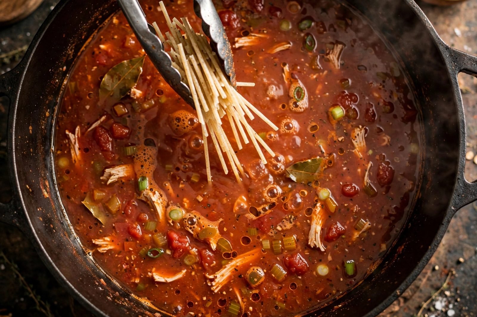 Broken dry spaghetti being lowered with tongs into simmering reddish broth.